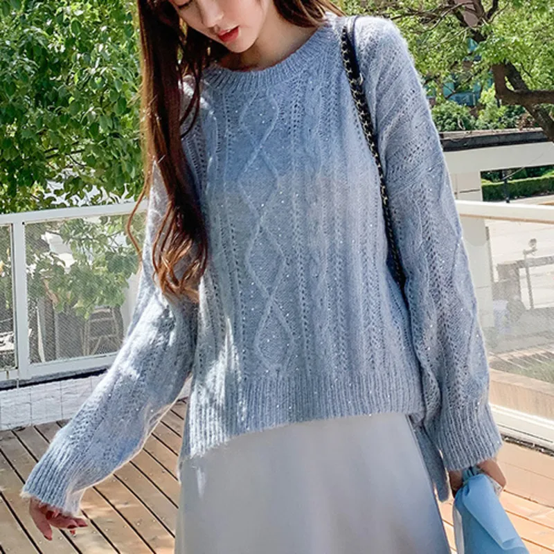 

Женский вязаный свитер с блестками, свободный Универсальный облегающий свитер, весна-осень 2021