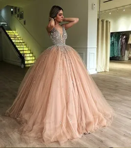 vintage dress Bling Ball Gown Gold Quinceanera Dresses Rhinestone Puffy Tulle Prom Dress Elegant V Neck Sweet 16 Year Old Party