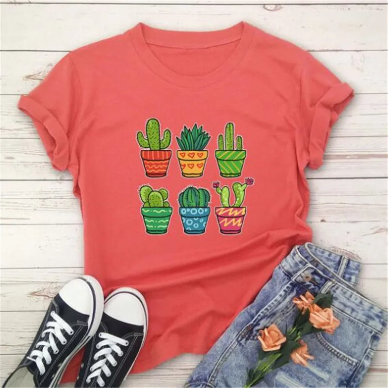 

Summer Women tshirt Cotton Plus Size 5XL Casual Fashion Short Sleeve Cute Cactus Plants Print t shirt Funny Women Tee Tops