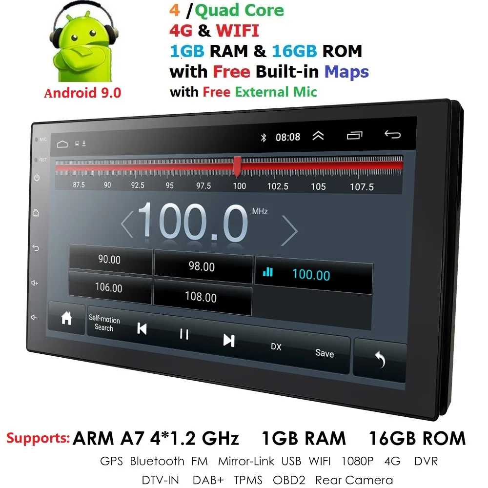 2 Din Android 9,0 автомобильный Радио Авто универсальный gps навигация 1024*600 Bluetooth wifi DAB DVR эквалайзер TPMS микрофон управление рулевым колесом