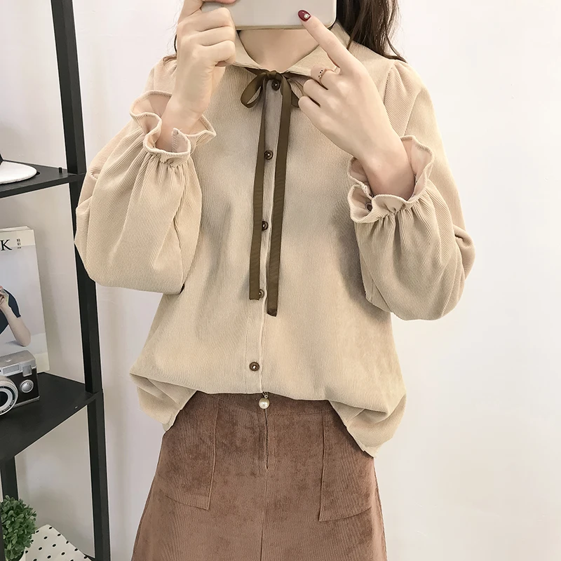 Женская Вельветовая блузка с отложным воротником длинным рукавом и