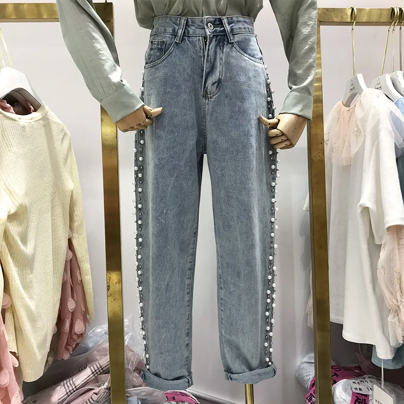 

Hong Kong Style Beaded jeans 2021 spring new women's loose and versatile wide leg pants student straight pants