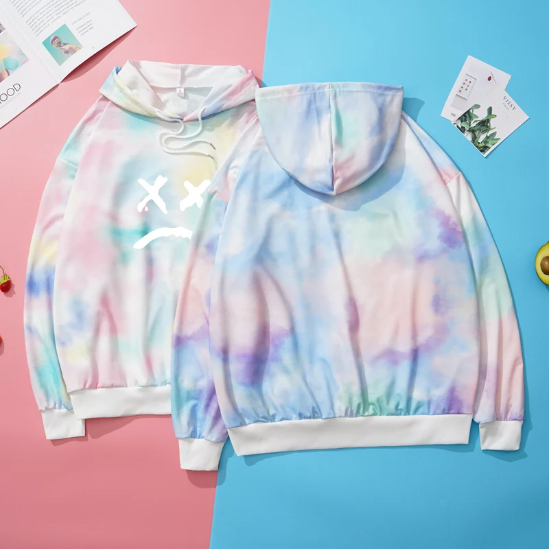 

Autumn Spring New Hoodie Casual Harajuku Kawaii Funny Expression Print Sweatshirt Women Loose Fashion Tie Dyed Sudaderas Clothes