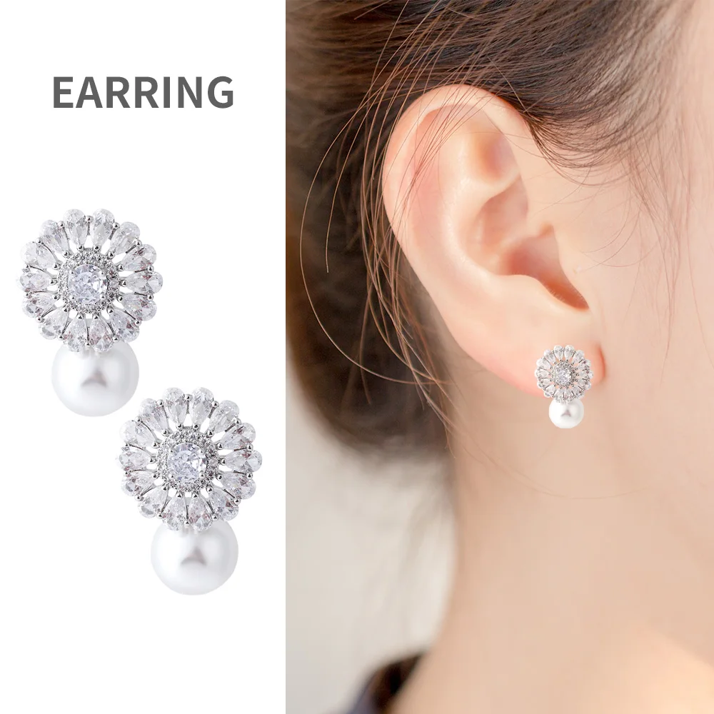 

Large Pearl Daisy Earrings For Women Girls Elegant Classic Diamonds Zircons Large Pearl Dangel Earring Fashion Jewelry Gifts