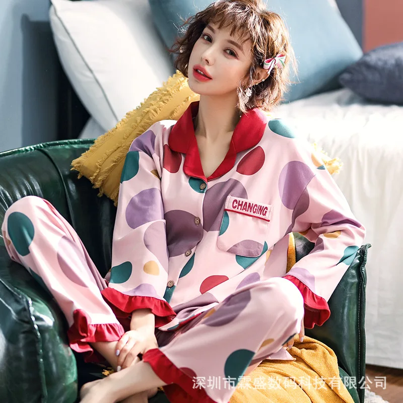 

Пижама женская из чистого хлопка, корейская мода, комплект из двух предметов с длинным рукавом, Осенний широкий домашний комплект одежды. Пи...