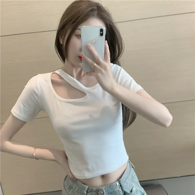 

Hollow Out O-Neck T Shirts Women Summer New 2021 Short Sleeve Korean Fashion Tee Shirt Femme Clothing Casual All Match Solid Top