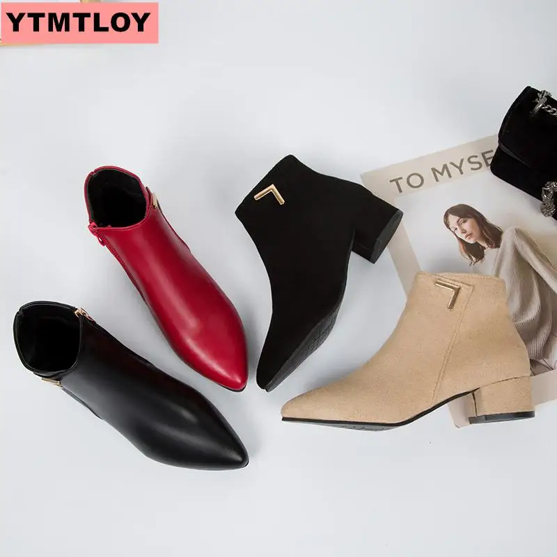 Женские ботинки на низком каблуке красные с острым носком осень и зиму матовые