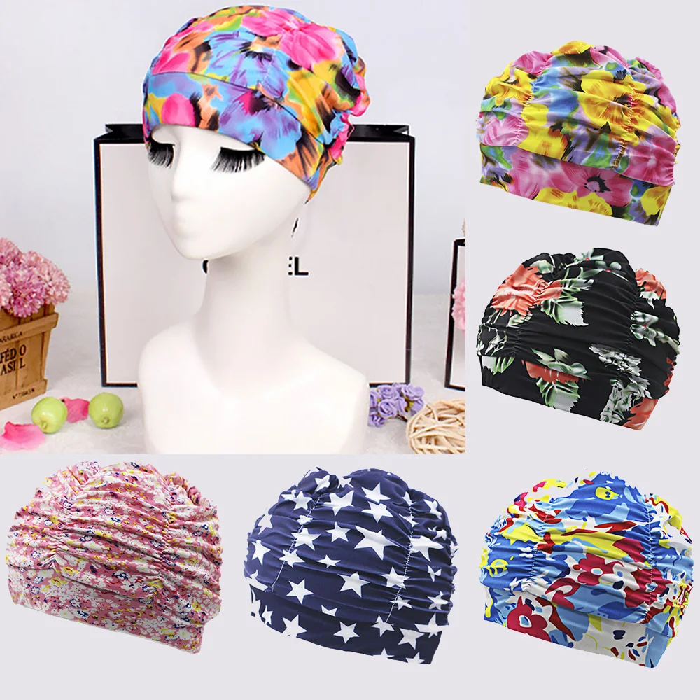 

Women Men Pleated Floral Printed Swimming Cap Swim Pool Beach Surfing Long Hair Ears Protection Caps