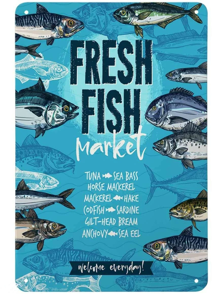 

Fresh Fish Market Tin Signs,Blue Vintage Metal Tin Sign for Men Women,Wall Decor for Bars,Restaurants,
