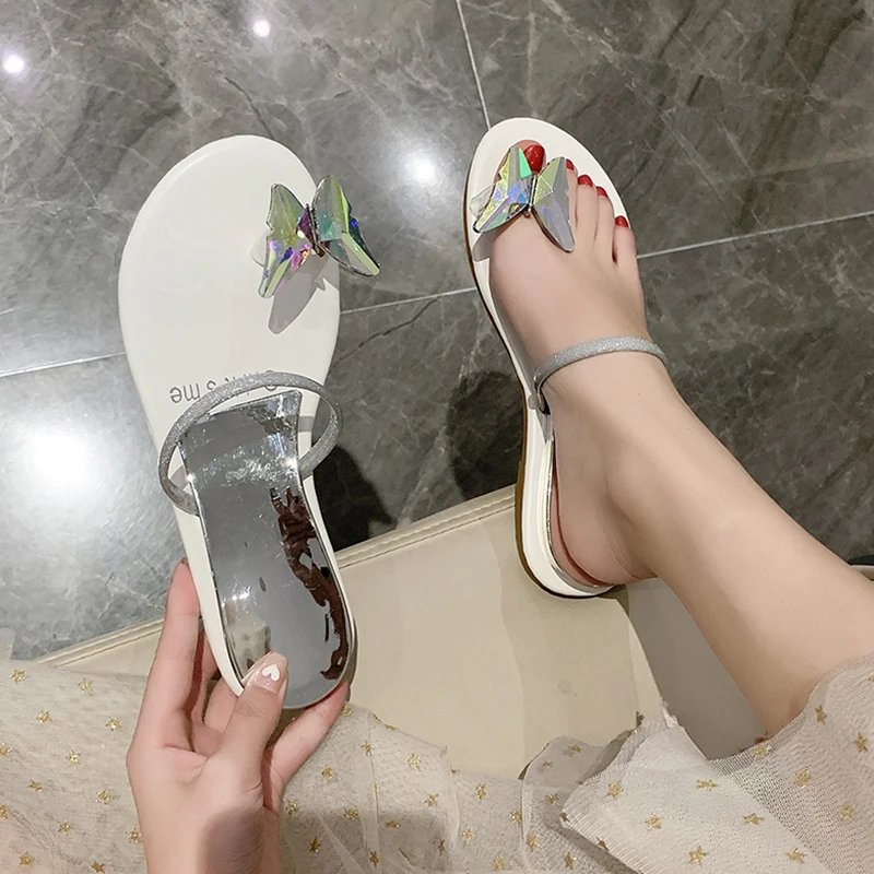 

Shoes On A Wedge Woman's Slippers Glitter Slides Butterfly-Knot Rubber Flip Flops Low Fashion 2021 Jelly Flat Summer Hawaiian Lu