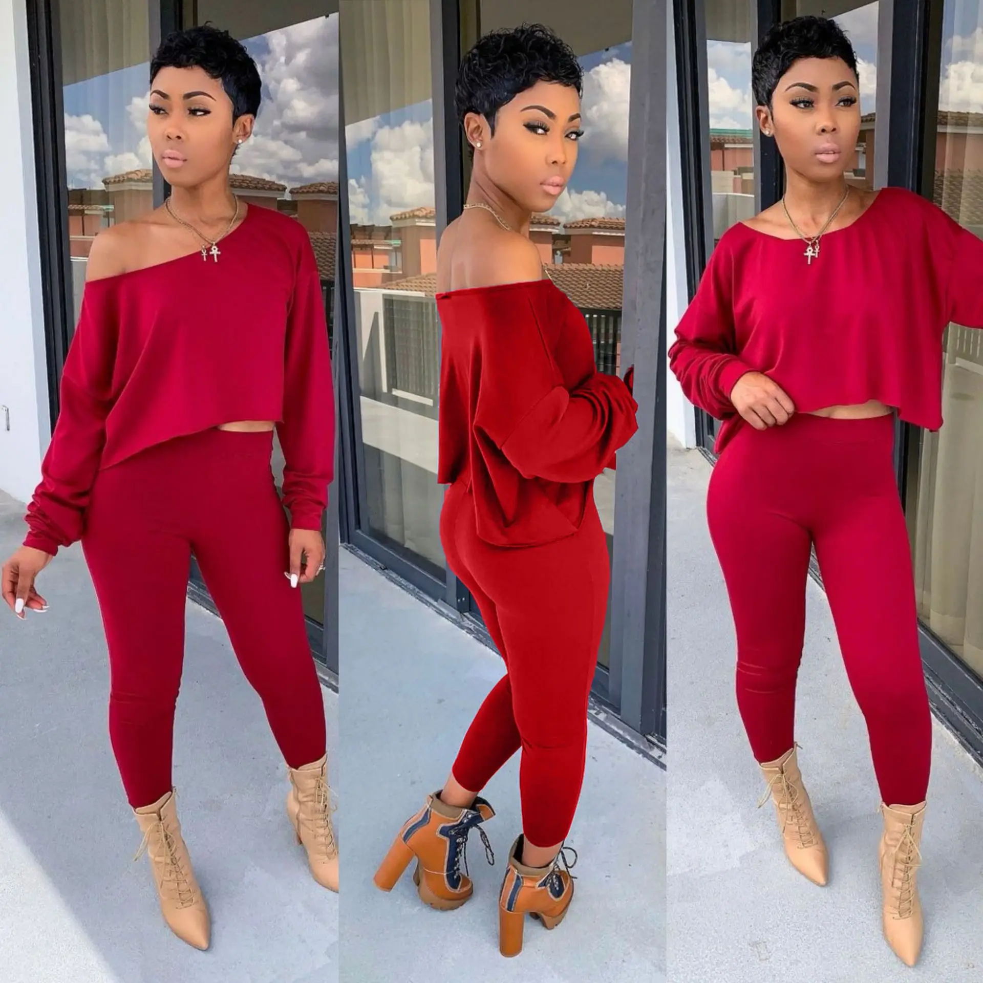 

ChocoMist Two-piece Off Shoulder Solid Women Pant Set Q902