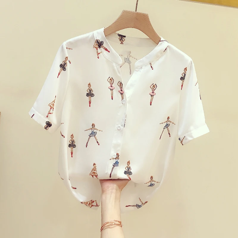 

Women V Neck Ballet Girls Print Shirt 2020 Summer Chiffon Blouse Short Sleeve Shirts Tops Ladies Blouuse Blusas A3243