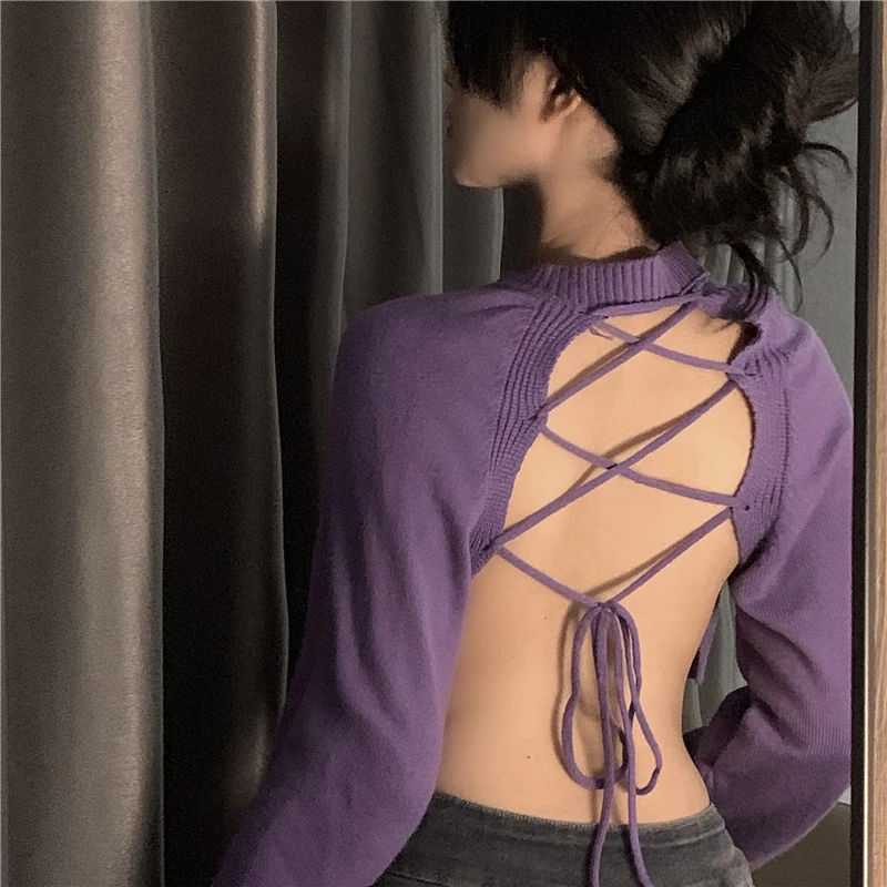 

Sexy halter sweater women spring 2021 new cross-tie sweater loose short long-sleeved backless tops female knitwear