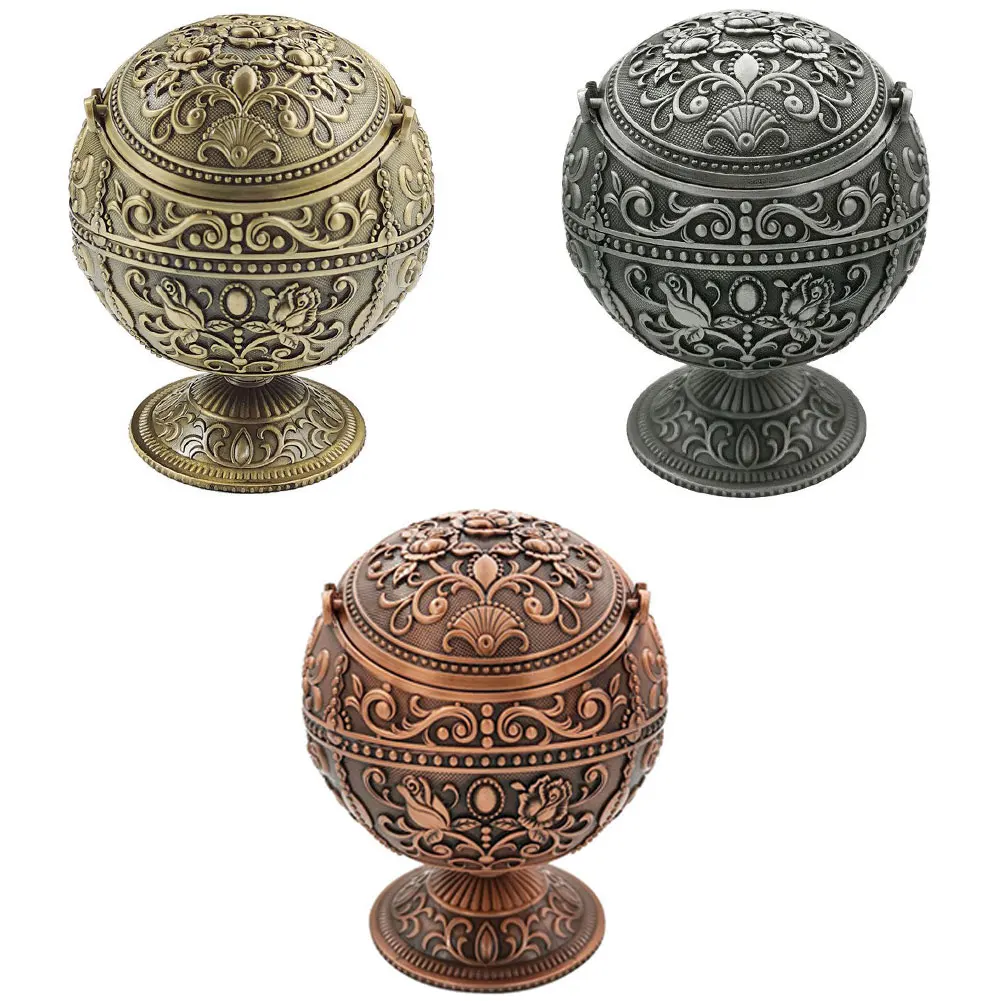 

Vintage Windproof Ash Tray Multifunctional Zinc Alloy Flower Pattern Globe Cigarette Ashtray Lid Portable Home Craft Ornament