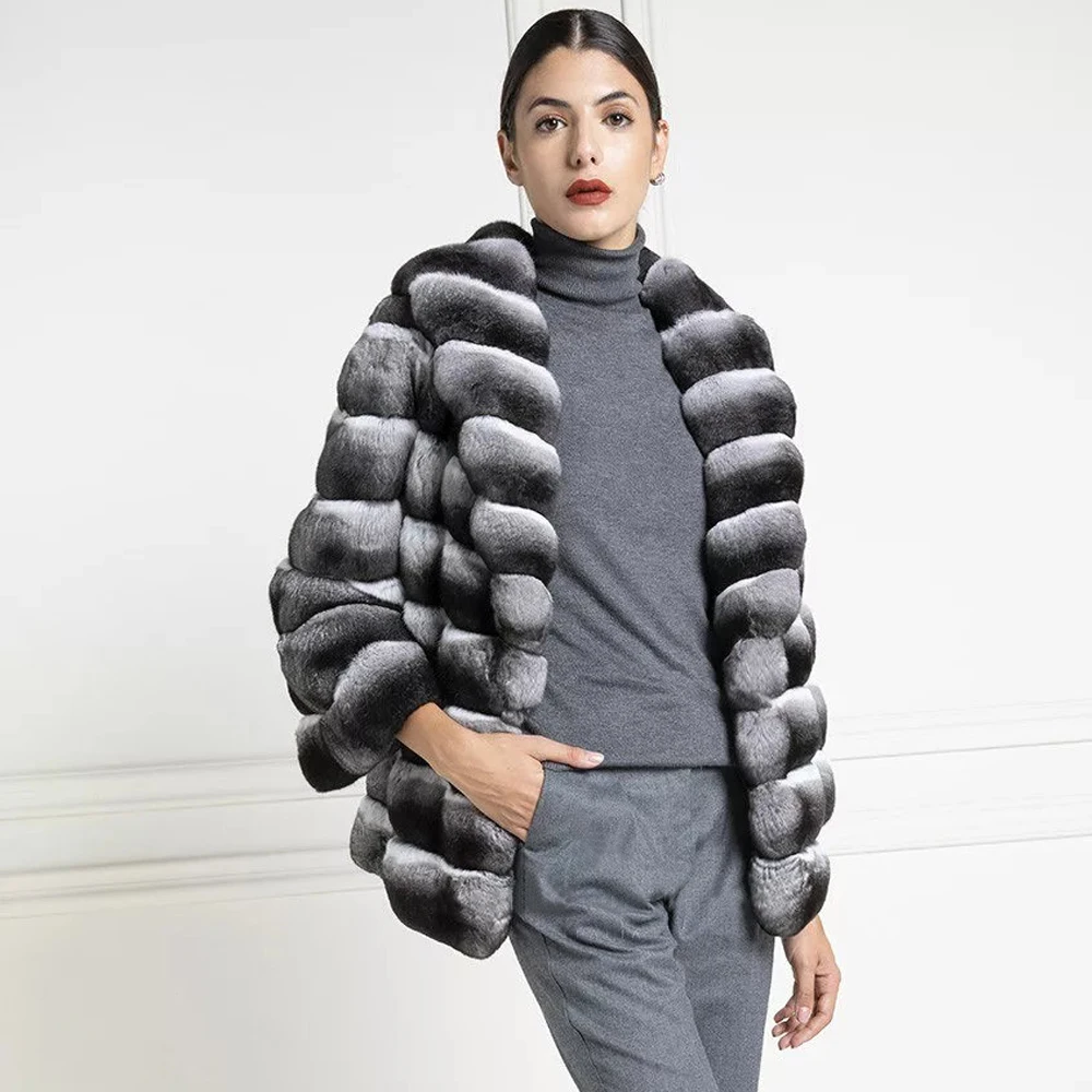Fashion Women Natural Rex Rabbit Fur Coat With Lapel Collar Winter New Chinchilla Color Real Rex Rabbit Fur Jacket Thick Outwear