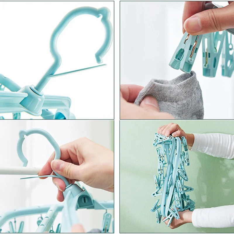 

32 Clips Clothes Drying Rack Underwear Socks Clip Hanger Multi-function Clothes Storage Rack Windproof Plastic Drying Rack Clips