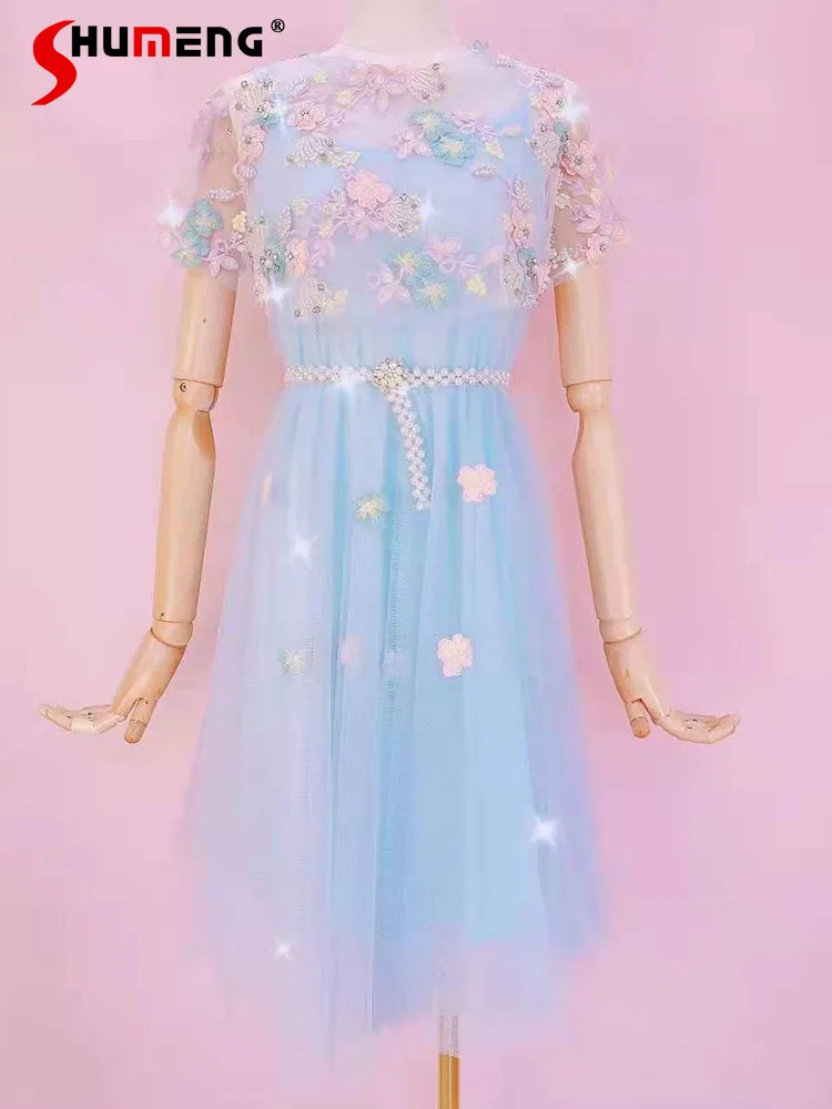 

2021 Summer New Korean Style Sweet Beads Embroidered Flower Women Mid-length Dress Slim Waist Fashion Fairy Knee Length Dress