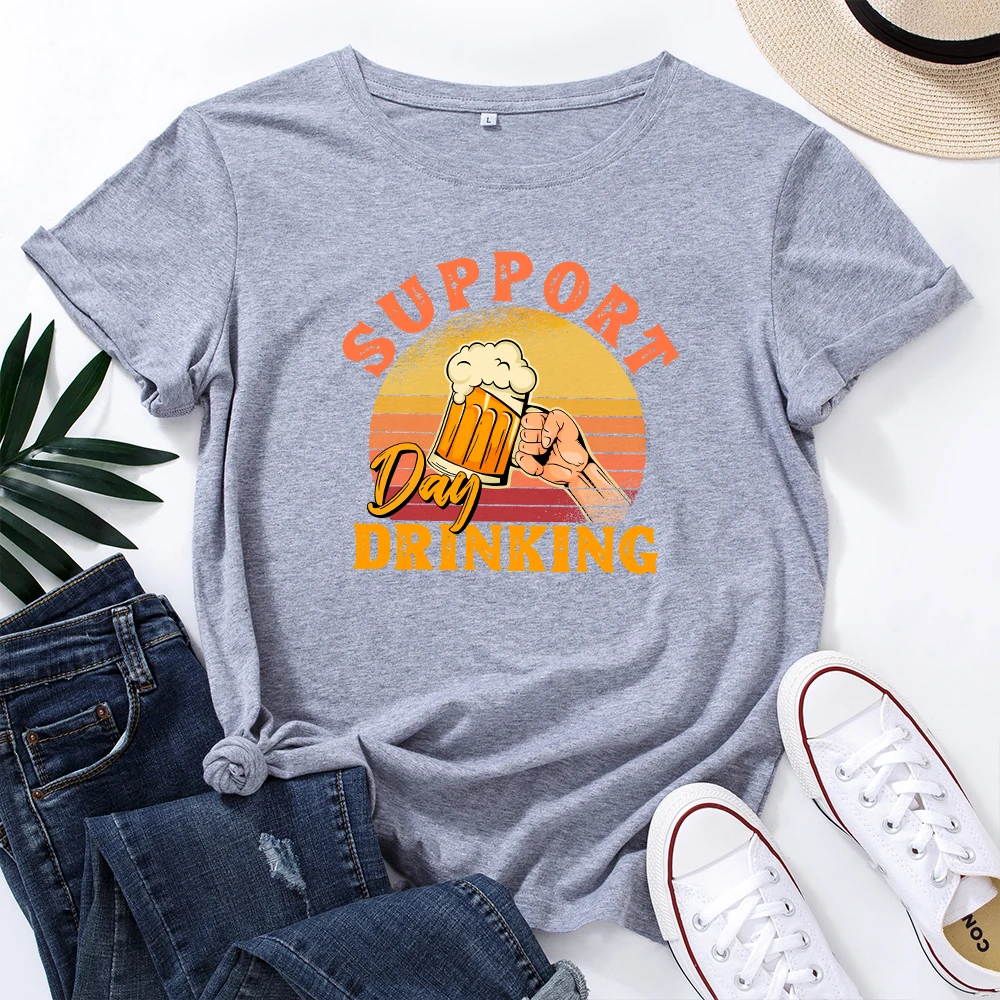 

Summer Casual Clothes Day Drinking Shirt Women's Graphic Tees Cotton Short Sleeve Crew Neck T Shirt Tops Female