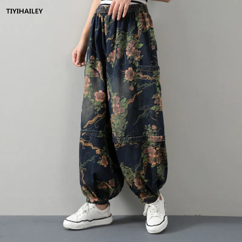 TIYIHAILEY Free Shipping Fashion High Quality Ankle Length Women Denim Jeans Trousers Harem Print High Street Lantern Pants