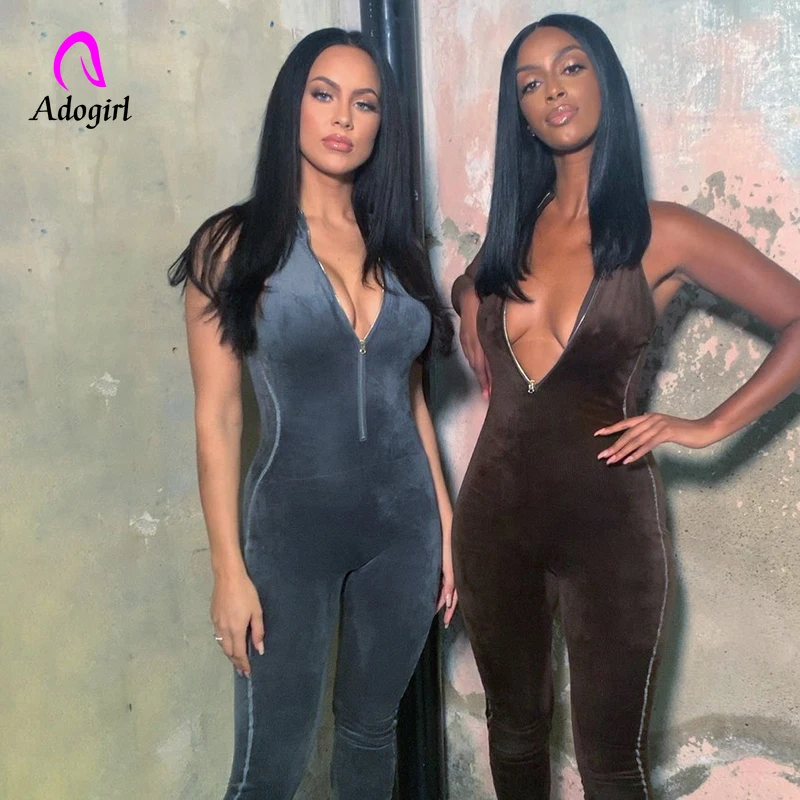 Женский бархатный комбинезон на молнии повседневный облегающий однотонный без