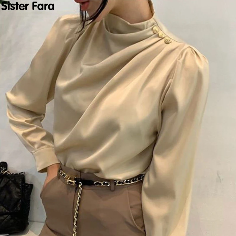 

Sister Fara New Spring 2021 Folds Half High Collar Shirts Women Button Puff Sleeve Solid Shirt Office Lady Pullover Chic Blouses