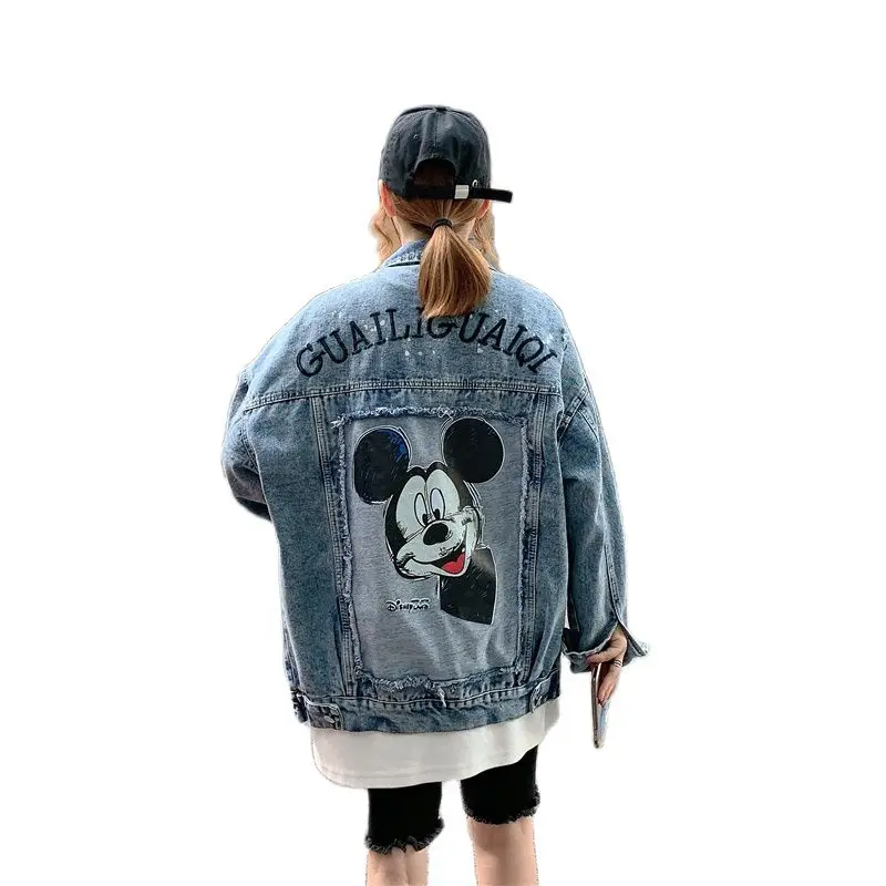 Женская джинсовая куртка с вышивкой винтажная отложным воротником и надписью