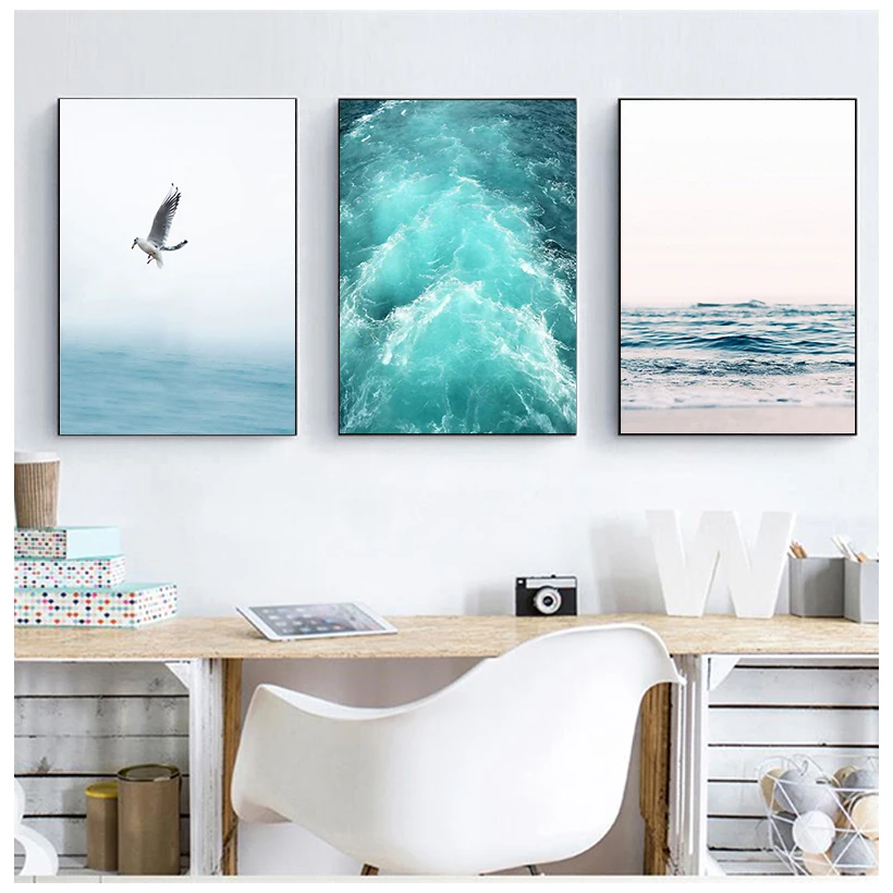 Blue Sea And Sky Nordic Landscape Canvas Painting Free Seagull Waves Beach Art Poster Living Room Decor Seabirds Wall | Дом и сад