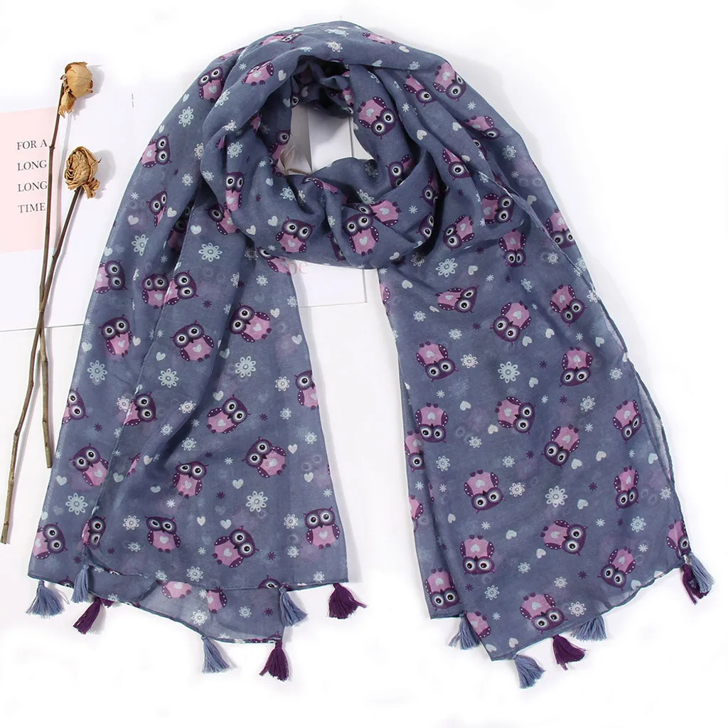 Модные зимние теплые шали шарф женский с принтом Совы и кисточками роскошный