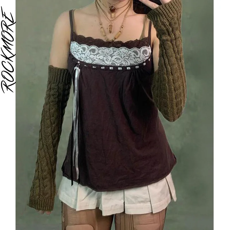 

Rockmore Retro Lace Patchwork Crop Tops Women Y2K Aesthetic Camis Summer Casual Sleeveless Tank Top E Girl Fairy Grunge Clothes