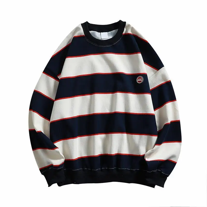 

Hong Kong style striped sweatshirt men's large size loose round neck long sleeve fat student hooded hoodie jacket