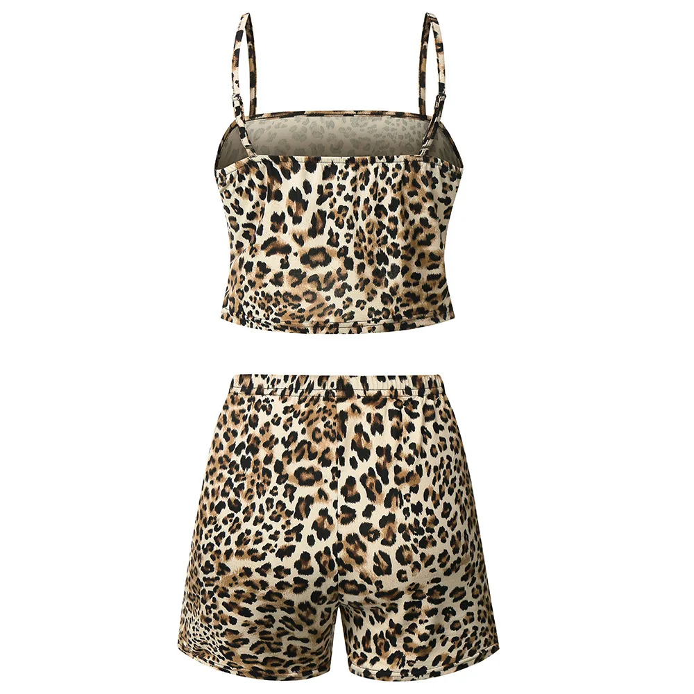

Leopard Printed Loungewear Women Two Piece Sets Workout Clothes Sleeveless Crop Top Tunic Biker Shorts Casual Outfits