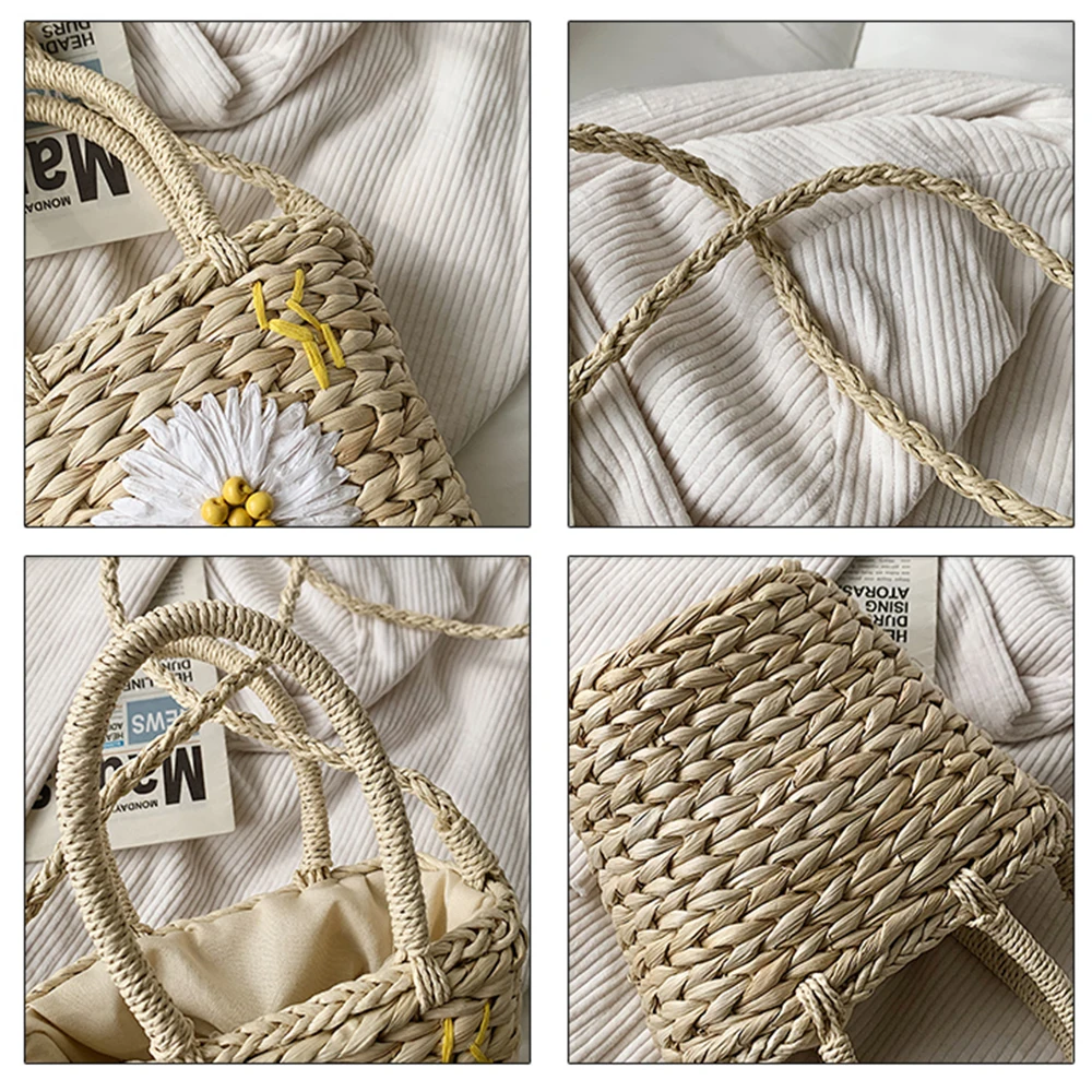 Vintage Rattan Basket Bags Wicker Woven Women Handbags Handmade Summer Beach Shoulder Bag Casual Large Capacity Tote Purses 2021
