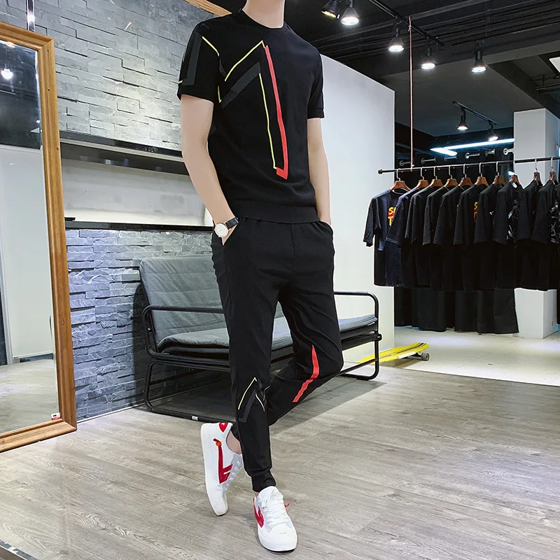 

2021 summer new best-selling products men's casual sports suit youth casual printing short-sleeved T-shirt trousers trendy suit