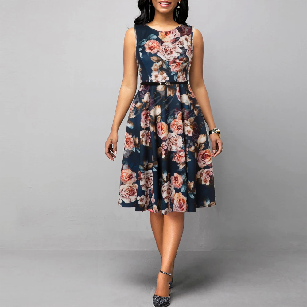 

Oten Women's Elegant Sleeveless O Neck Floral Print Summer Casual Vintage Retro Party Swing Dress Skater 50s Pin Up Robes Belted