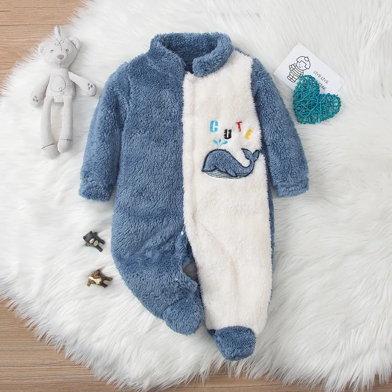 

2021 winter coral fleece one-piece baby boy thick blue whale ins long-sleeved romper