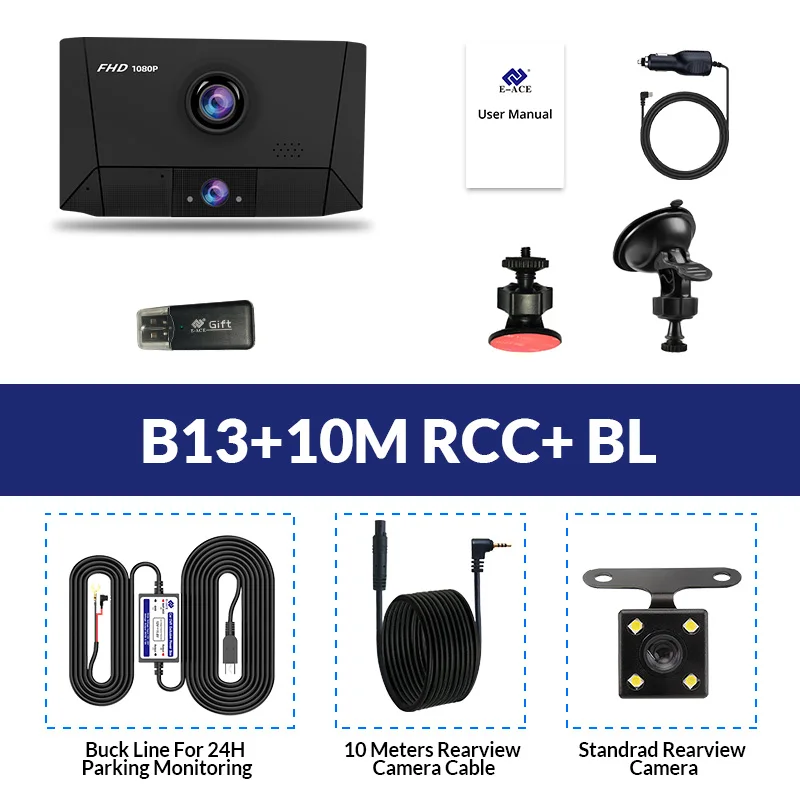 B13- 10M RCC- BL E-ACE B13 DVR 4,0 дюймов авто рекордер 1080P FHD видеорегистратор ночного видения автомобильные видеорегистраторы 3 объектива камеры Автомобильная камера видеорегистратор - Название цвета: B13- 10M RCC- BL