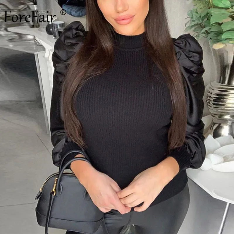 Forefair Корейская ребристая с пышными рукавами Элегантная блузка для женщин весна