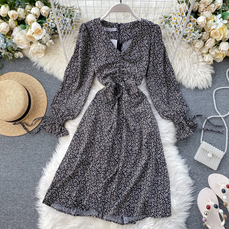 SINGRAIN женское платье с цветочным рисунком весеннее винтажное длинным рукавом