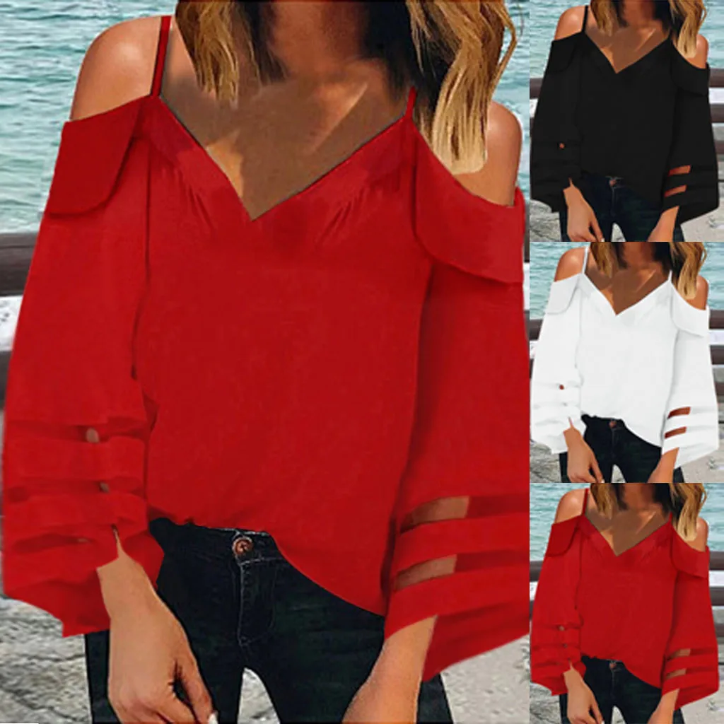 Feitong Sexy Blouse Women Off Shoulder Top Mesh Panel Blouse 3/4 Bell Sleeve Loose Streetwear Top Shirt Women Clothes
