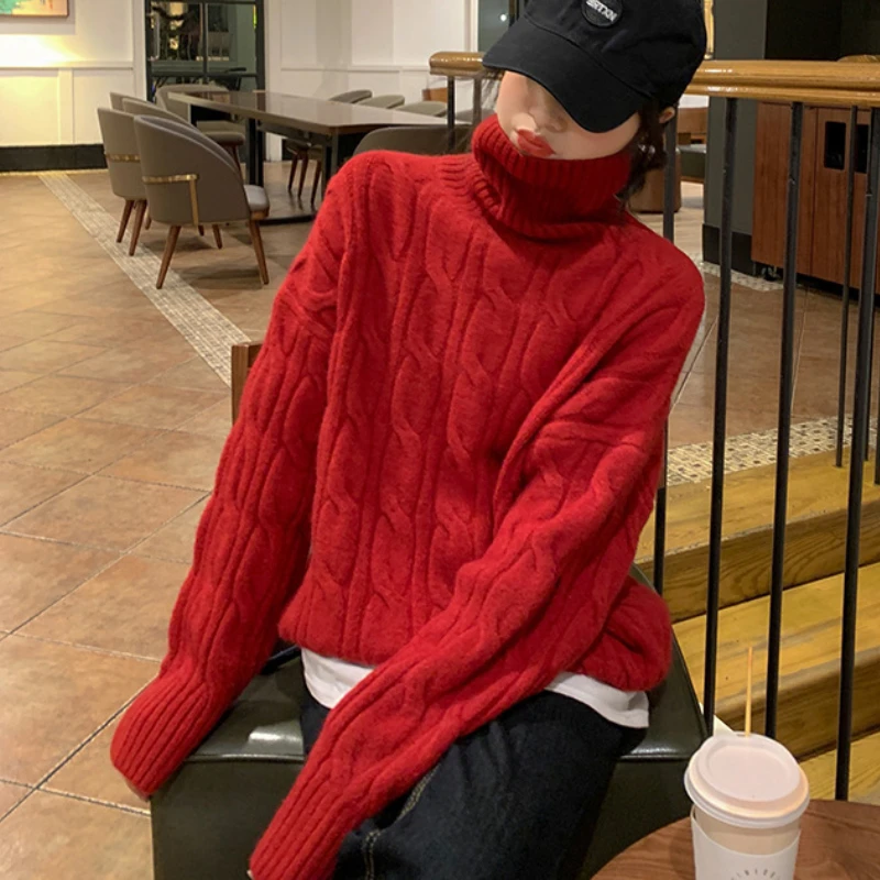 

Women Winter Turtleneck Cashmere Blend Twist Loose Sweater Japanese Style Warm Solid Red Blue Orange Pullover Knitted Top