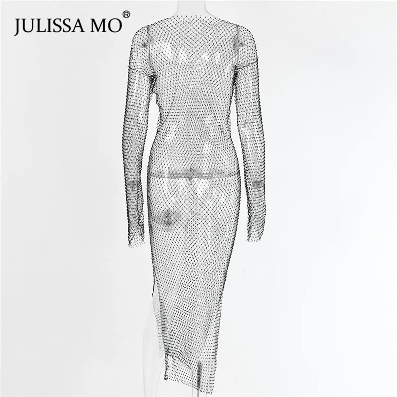 Julissa mo бриллиантовое ажурное длинное летнее платье, сексуальное Сетчатое платье с разрезом, Женское кристально прозрачное пляжное платье, платья для вечеринок