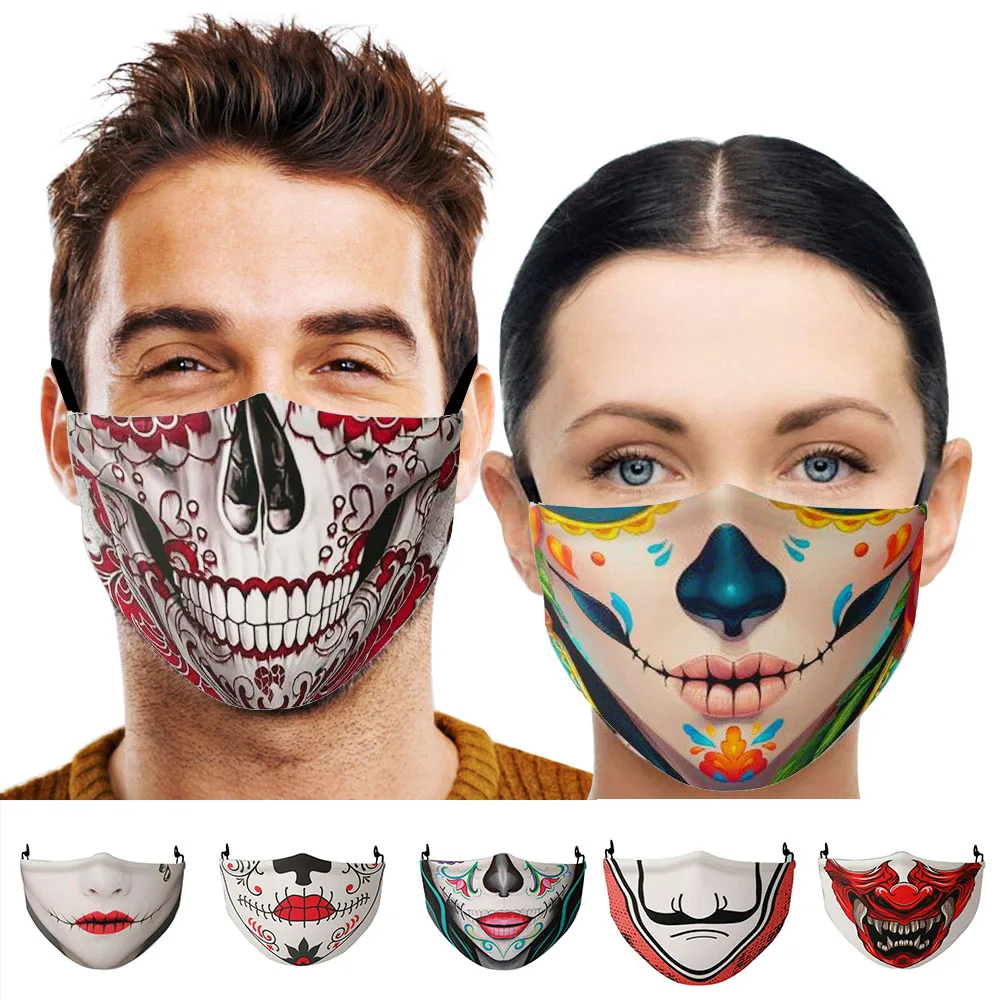 

Adult Cosplay Painted Skull Masks Funny Mouth Face Mouth Decoration Dustproof Reusable Women Men Halloween Party Cotton Mask