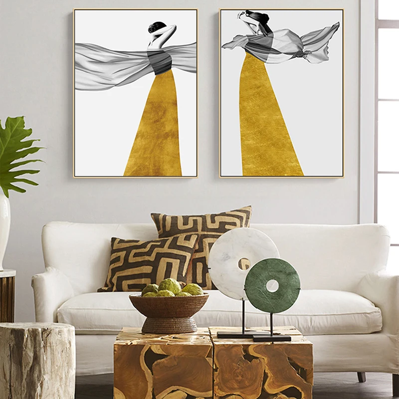 

Nordic Floral Vogue Woman Gold Cover Silk Cuadros Abstract Canvas Painting Wall Art Poster Prints Picture Living Room Home Decor