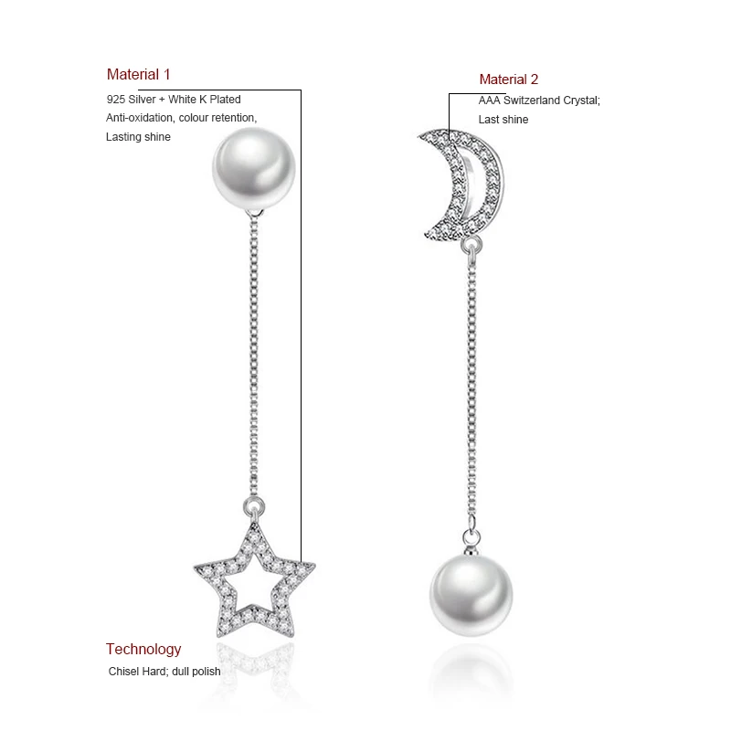 Женские асимметричные серьги-цепочки с Луной и звездой Серебристые серьги микро
