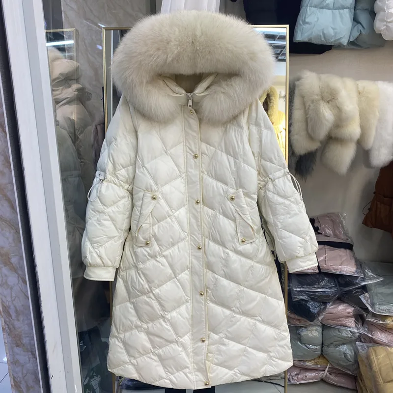 

Knee down jacket women's mid long slim 2021 new Korean waist net red and white duck down big feather collar coat