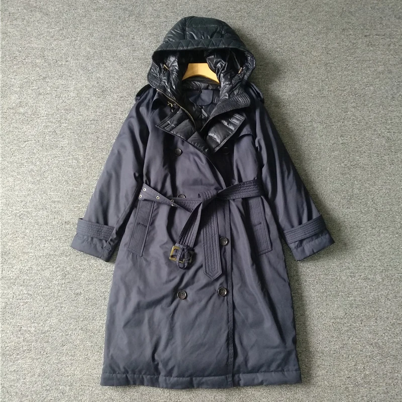 Женский двубортный пуховик с капюшоном длинная парка на белом утином пуху поясом