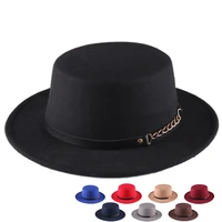 new solid color autumn winter fashion wool hat simple round flat top vintage wide fedoras hats for women wide brim chain cap
