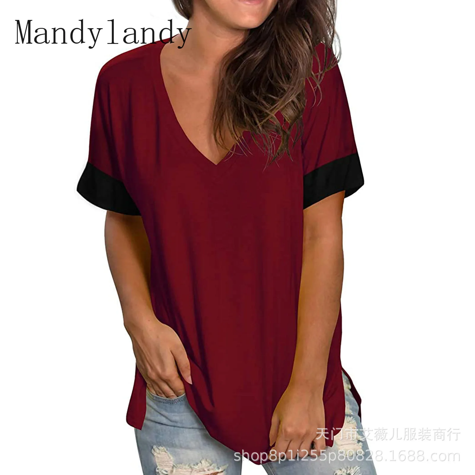

Mandylandy, летняя модная майка с v-образным вырезом Свободный пуловер Футболка женская Повседневная однотонная Цвет: Детская футболка с коротки...