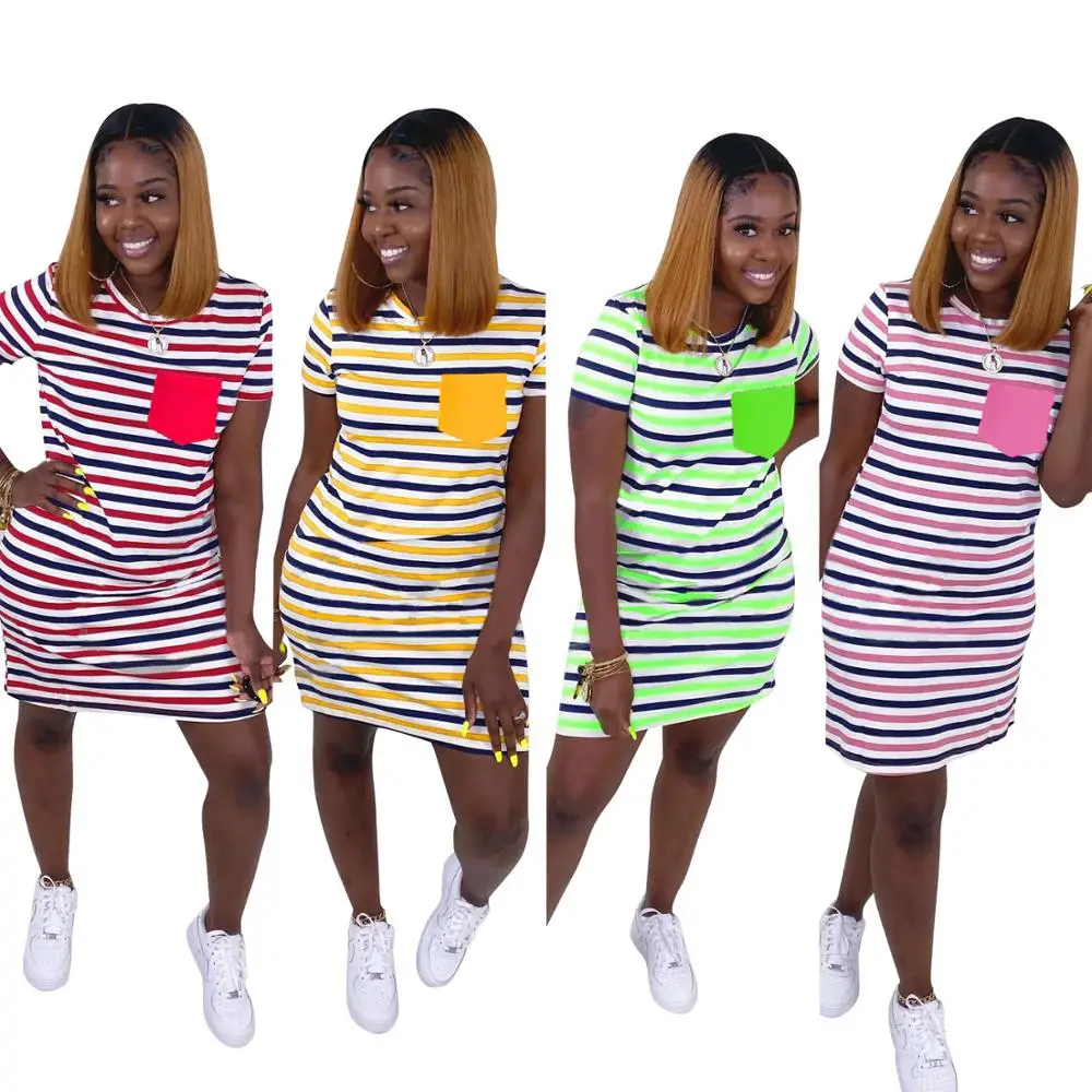 

Casual fashion dress striped print pocket round-neck dress short-sleeved T-shirt dress new street trend women's dress