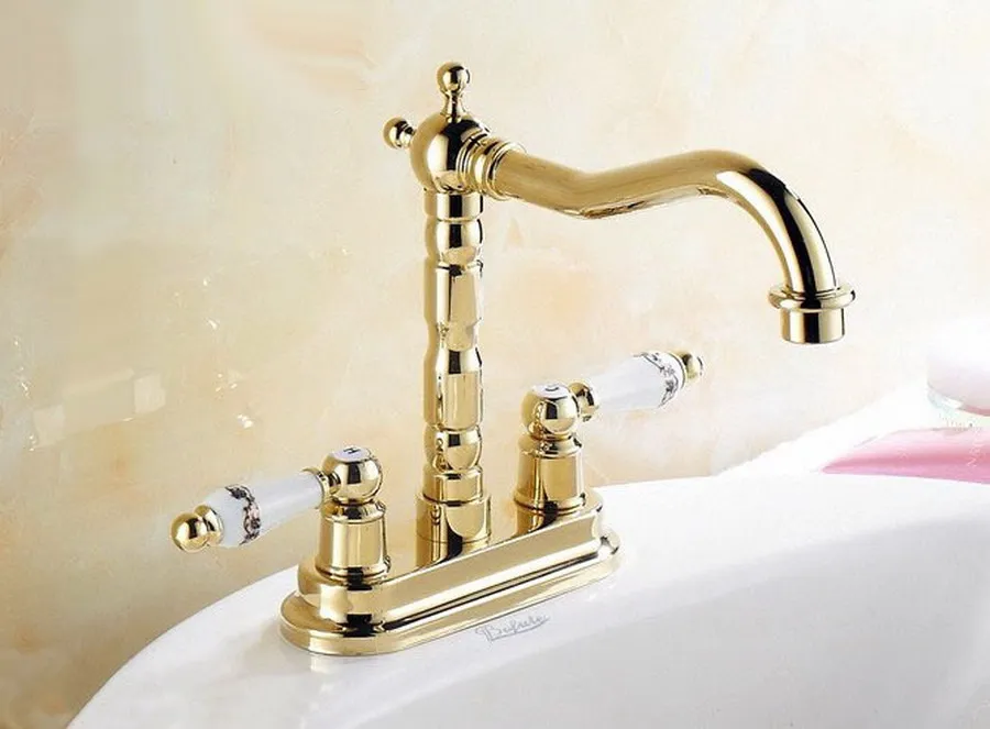 

Gold Color Brass 2 Hole 4" Double Ceramic Handle Kitchen Bathroom Basin Faucet Sink Hot Cold Mixer Tap Swivel Spout 360' dnf322